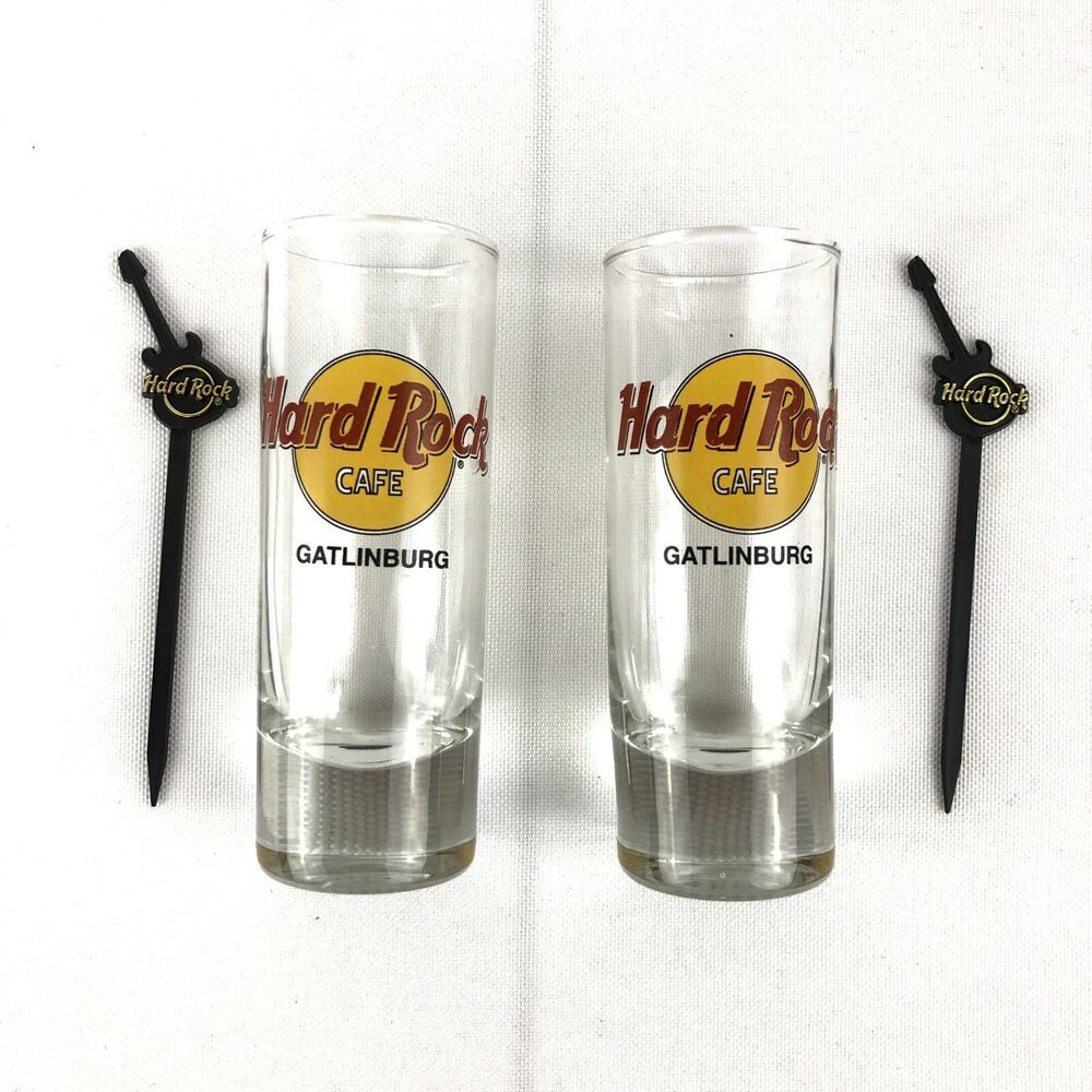 Hard Rock Cafe Gatlinburg Set 2 Shot Glasses 2 Hard Rock Guitar Stirrers